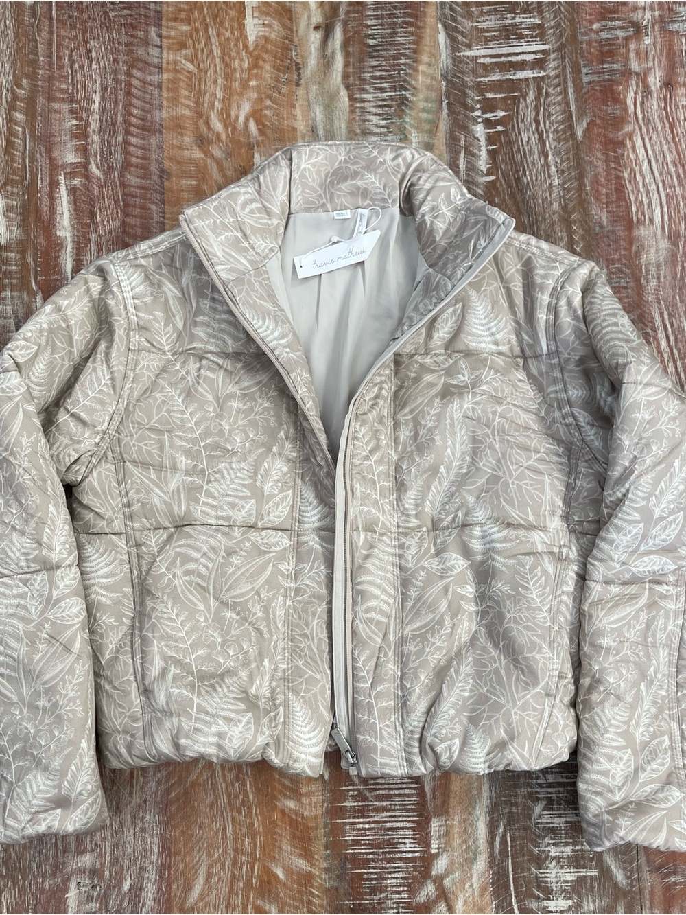 Travis Mathew Light Taupe Quilted Puffer Jacket with Leaf Print